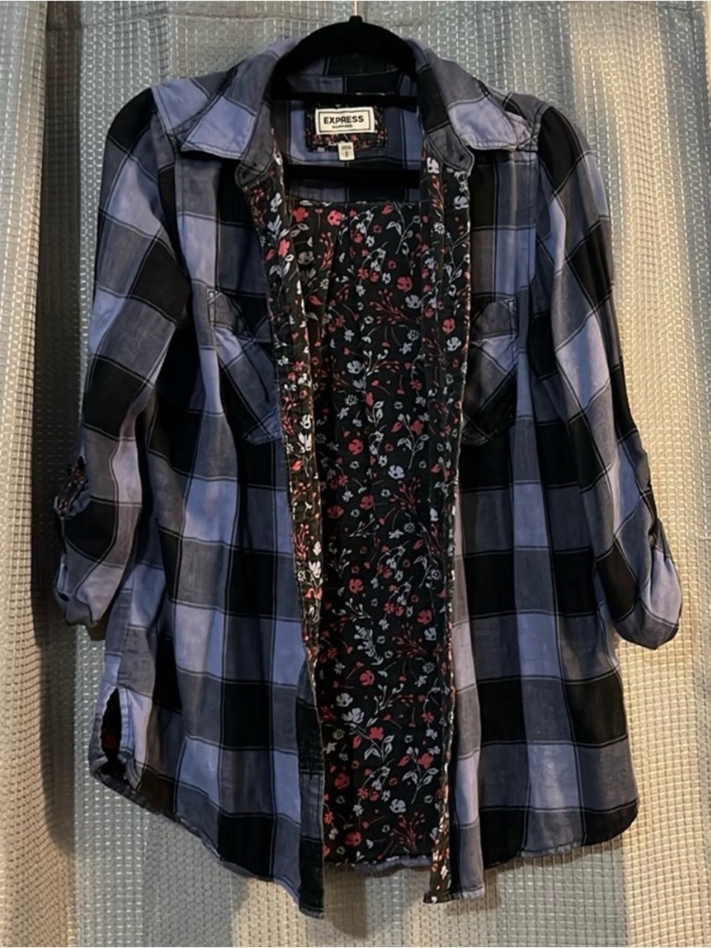 Express Boyfriend Blue Black and floral Plaid Shirt